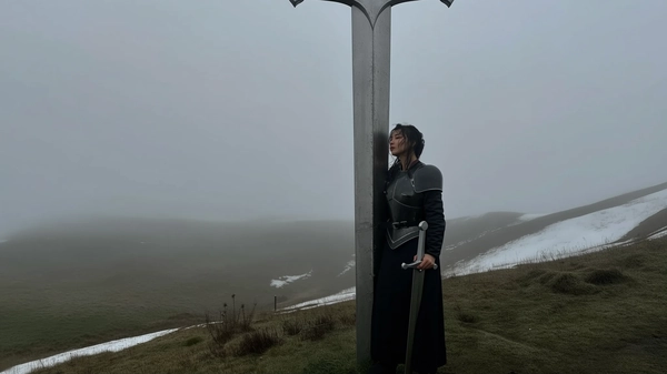 A spontaneously captured, muted-toned iPhone photograph of a woman clad in subtly gothic, dark armor standing defiantly at the tip of a monumental vertical metallic sword embedded in a softly sloping mist-shrouded hillside. She grips a smaller sword loosely in one hand, her posture natural yet quietly intense. Her hair is casually tousled and damp from the cold, muted light filtering through thick fog under overcast grey skies. The composition embraces a slightly off-center, slightly upward angled framing, accentuating surreal scale contrasts between her defiant figure and the towering sword beneath. The weathered metal glistens faintly with soft reflections, blending with the textured grasses and melting snow patches around. Her expression is quietly introspective, with authentic minimal makeup revealing subtle skin texture beneath cool diffuse daylight. The overall atmosphere is cinematic and quietly moody, combining intimate spontaneous realism of candid iPhone photography with the surreal monumentality of swords emerging from a muted, atmospheric landscape.