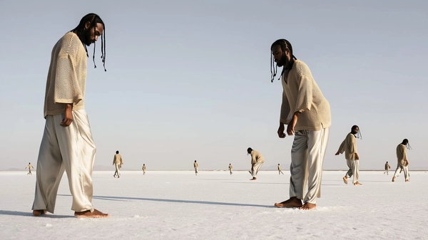 An evocative, candid iPhone photograph capturing a man duplicated numerous times across a vast salt flat under an empty, pale sky. He wears identical flowing silk trousers and a loosely open knit shirt, his shoulder-length braids softly catching natural daylight. Each figure inhabits a distinct pose: some close to the camera in mid-motion stretches, others small and distant, walking or standing still — together forming a surreal chorus of silent ritual echoes. The expansive white salt ground reflects subtle shadows and highlights, enhancing textural realism of the fabric and skin, while gentle natural light creates soft contrasts and authentic reflections. The composition creatively plays with scale and perspective, cropping some figures partially and layering close and distant versions to amplify dreamlike repetition, all conveyed with effortless spontaneity and casual framing true to iPhone photography aesthetics.