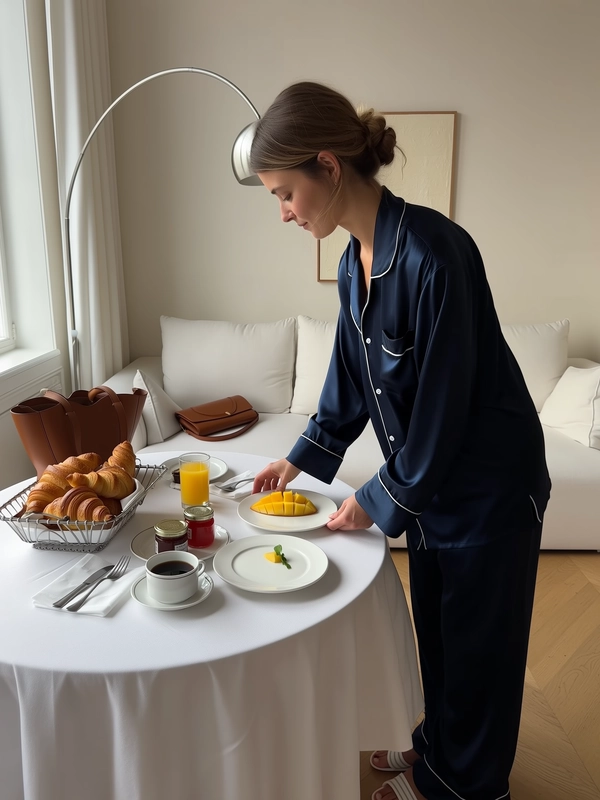 She lounges in deep navy silk pajamas trimmed with crisp white piping, hair softly undone, poised at a round table cloaked in pristine white linen. Her fingers glide over a perfectly plated mango segment beside a tender-green garnish, embodying calm precision as morning light spills gently from an unseen left window, draping the scene in washed-out softness. A woven metal basket brims with flaky croissants and buttery rolls, accompanied by glassware half-filled with fresh orange juice and a black coffee steaming faintly beside tiny jars of butter and jam, styled with minimalist grace. Behind her, a white sofa with sharply aligned cushions rests beneath a modern abstract painting, while a brown leather bag leans carelessly yet curated. An arcing floor lamp bisects the frame vertically, its sculptural form lending quiet architectural interest. The sensor's modest dynamic range softens shadows and highlights, resulting in a tender, tactile oasis of muted luxury, where each creased fold, flake crumb, and gleaming porcelain rim whispers unspoken restraint and deliberate ease. Slight hand tremor and cozy grain impart inviting warmth to this solitary morning ritual.