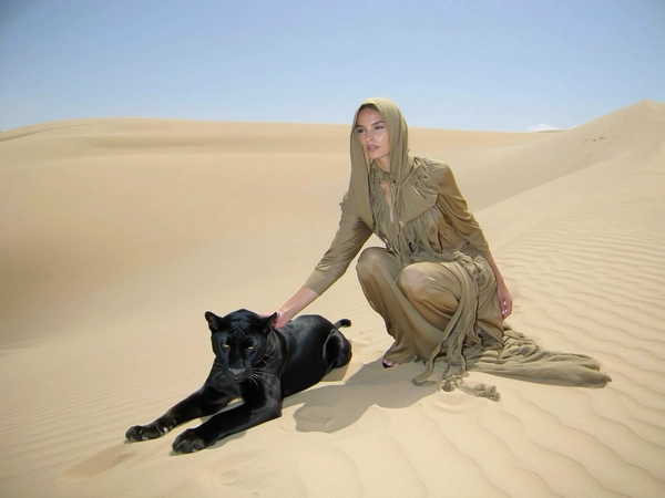 A wide-angle, candid iPhone-style image of an elegant desert nomad woman crouching beside her panther companion on sun-bleached, expansive sand dunes. She wears a flowing, muted sand-toned hooded gown with softly layered, nomadic-inspired fabrics that cover most of her body, her face partially concealed by a draped hood. The panther sits close, its sleek black coat contrasting with the pale desert sands. The bright natural sunlight casts soft, low-contrast shadows with a gentle highlight reminiscent of iPhone flash, enhancing tactile details of the flowing fabric, sandy textures, and the sleek fur of the panther. The minimalistic composition captures the primal yet serene bond between woman and beast, evoking atmospheric mystery and timeless elegance in a spontaneously casual iPhone photographic style.