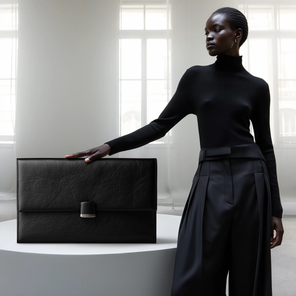 A spontaneous, candid iPhone-style photo of a tall woman with smooth ebony skin standing inside a quiet, softly fogged indoor space that mimics muted natural light filtering through windows. She wears a sleek, minimalist monochrome outfit featuring a fitted black turtleneck sweater made of fine wool fabric with subtle texture and tailored black wide-leg trousers with natural fabric folds. Her hair is styled simply, pulled back to reveal elegant neck contours without jewelry, embodying refined minimalism. Resting one relaxed hand lightly atop a surreal, oversized high-fashion clutch bag lying flat on a modern white design table, the clutch displays an ultra-realistic matte black finish that subtly absorbs the soft light, highlighting its fine grain leather texture, precise stitching, and smooth perimeters. Gentle ambient daylight filters through diffuse windows casting soft, natural shadows that softly define the woman's skin pores, fabric weave, and bag silhouette. The image is framed casually with a slight tilt and natural off-center composition, emulating an unplanned iPhone snapshot capturing a melding of stylish urban minimalism and imaginative surreal scale.