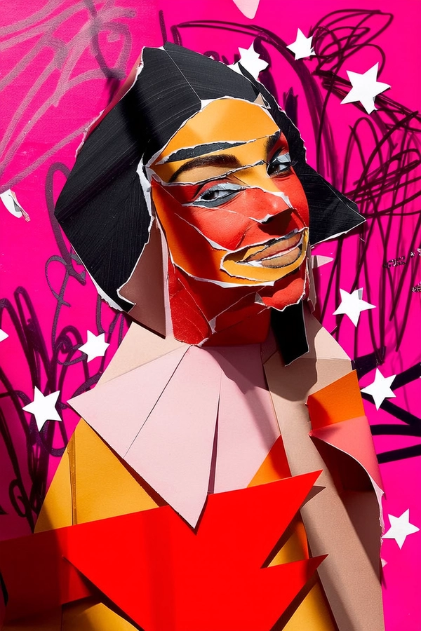 The woman's face and body are constructed from layered, torn paper fragments—her features misaligned and overlapping in a fragmented collage. One eye is enlarged and rotated, pasted above a smaller, twisted counterpart; her lips merge a sly smile with a neutral expression, edges ripped and curling. Her skin is patchworked from matte paper in warm reds, pale pinks, and deep ochres, with visible creases and folds suggesting rough handmade textures. Her neck and shoulders fold unnaturally, shaped from jagged strips of contrasting color. She wears a stylized, angular red top assembled from flat, geometric paper pieces. Behind her, a vivid hot pink background bursts with black vector scribbles, white cut-out stars, and scattered paper debris. Stark, directional flats of light slash across her, emphasizing every torn edge and shadowed fold. The overall effect is a bold, electric, unstable collage portrait, dripping with tension and visceral expression.