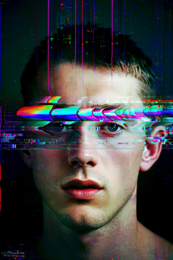 A surreal portrait of a young man, his face precisely halved along a horizontal axis. The upper half appears to slowly slide away in staggered, segmented frames reminiscent of buffering freeze-frames, fragmenting the visage into layered slices. Waves of shifting color ripple across the sliding section, blending iridescent hues of cyan, magenta, and electric blue, channeling the spectral chromatic aberrations of vintage CRT screens. His eyes convey a pensive, almost detached emotion, with the parted lips suggesting ambiguous vulnerability beneath the digital decay. The lower half of his face remains sharply in focus, exhibiting soft skin textures interrupted by subtle pixelation and faint analog noise, while the upper half dissolves into swirling moiré patterns and vertical scan-line distortions. The composition is tightly cropped to emphasize this glitching fracture, framed against a dark, shadowy background punctuated by flickering static and interference reminiscent of corrupted data streams. The overall atmosphere evokes a cyberpunk cyber-surrealist aesthetic, merging human introspection with mechanical disruption and nostalgic technological fragmentation.