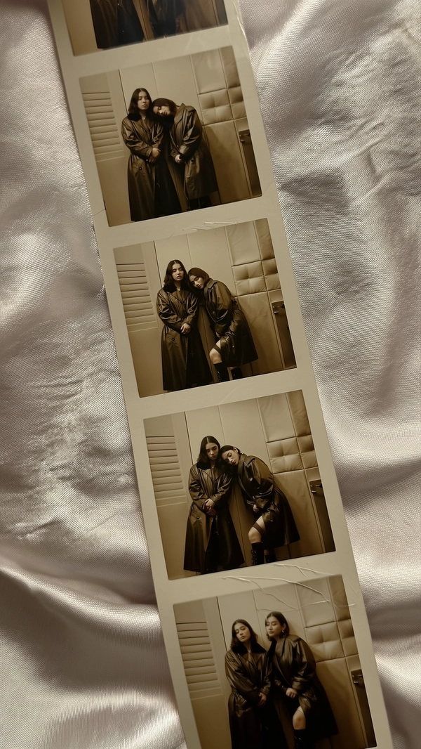 A narrow vertical photostrip curves gently across a wrinkled champagne satin scarf, the fabric's soft luster contrasting the matte monochrome strip. Within each desaturated sepia frame, two women stand against a textured faux-leather upholstered booth wall. Their glossy trench coats and heavy boots catch subtle creases and shadows. The sequence begins with tense, upright postures—rigid yet elegant—and gradually unfolds into a relaxed intimacy, both leaning forward, elbows resting on knees, heads tilted in opposite directions. The neutral fabric background behind echoes subtle folds, enhancing authentic photobooth ambiance. Faint fingerprint smudges and slight creases ripple across the strip's surface, while gentle iPhone flash highlights mingle with muted contrast and sensor grain. The strip lies slightly skewed, as if casually handheld, inviting a quietly cinematic, introspective mood—contemporary photobooth snapshot, shot on iPhone.