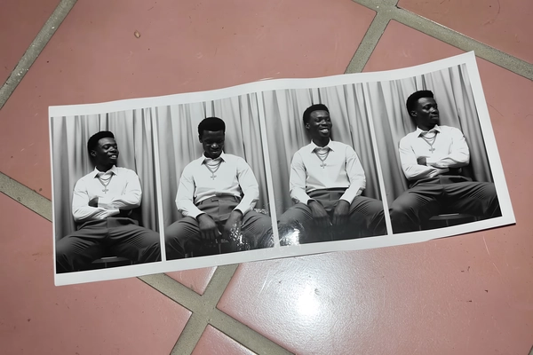 A black-and-white photostrip of two men clad in crisp button-downs, layered chains gleaming subtly, and pleated trousers, seated stiffly against smooth silver curtains typical of an old photobooth. The frames reveal a gradual softening: the first image shows crossed arms and rigid posture, the second bursts into a shared smirk, and the last captures both gazing pensively off to the side, evoking cinematic stillness. The strip lies flat on dusty pink tile with visible grout lines, illuminated gently by soft indirect light. Fingerprints and faint creases trace the aged paper, while slight graininess and gentle flash highlights enhance the nostalgic yet candid iPhone snapshot feel. The composition settles naturally, slightly angled as if casually placed, underscoring authentic vintage charm—contemporary photobooth snapshot, shot on iPhone.