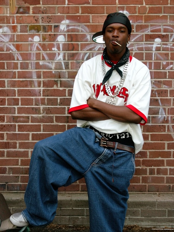 He’s standing in front of a brick wall tagged with faded graffiti, one foot propped against it and his arms crossed like he’s been holding court there all day. He’s wearing a baggy white jersey with bold red trim and block lettering across the chest, paired with oversized denim jeans that sag low on his hips, revealing a black logo waistband. Around his neck hang two thick silver rope chains, one with a chunky rectangular pendant, the other bare and heavy. His fitted cap is tilted slightly to the side, casting shadow over his eyes, and a black bandana is knotted underneath, tied low behind his neck. He’s chewing on a toothpick, eyes calm but locked on the camera, like he already knows the shot goes hard. Every piece of his outfit is bold and loud, but it all comes together clean—like a freeze-frame from a 2000s mixtape cover.
—casual candid early-2000s Y2K snapshot, grainy softness