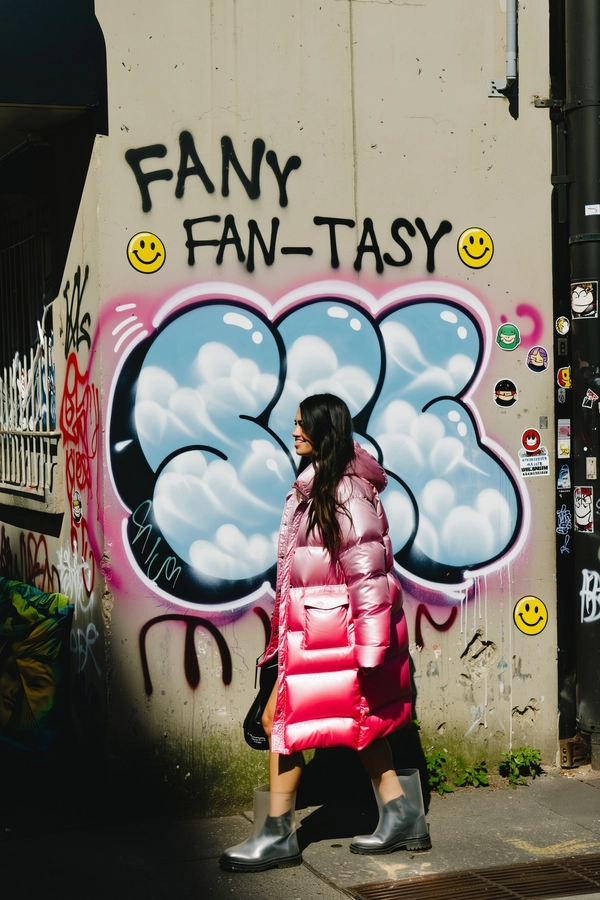 A candid street photo showing a woman wearing a gradient-pink Maison Margiela-inspired puffer coat paired with transparent boots, casually strolling past an urban graffiti-covered concrete wall. The wall prominently displays large bubble letters reading:
“FAN-
TASY”
filled with soft, white cloud patterns, evoking a dreamy, airy vibe. Surrounding the main graffiti, smaller layered stickers featuring iconic smiley faces and anime-style characters add urban texture. The natural daylight casts soft shadows and subtle highlights on the woman's reflective coat and the textured peeling paint, weathered concrete, and slight graffiti drips on the wall. The photo is casually framed at eye-level with a slightly tilted angle, reflecting spontaneous handheld iPhone photography capturing genuine street urban mood with an authentic street documentary film aesthetic.