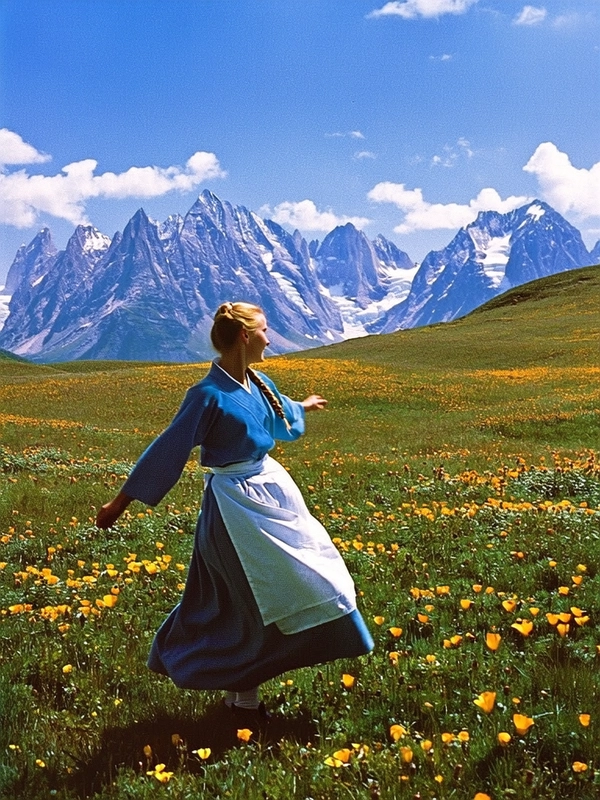 Bathed in warm sunlight, a young woman with neatly braided blonde hair twirls gracefully across a sprawling wildflower meadow embroidered with bursts of yellow and green. Her traditional blue dress with a crisp, pale apron sways with delicate motion, capturing a moment of sheer joy and liberation. The vast, jagged peaks of the snow-dusted mountains rise majestically behind her, their cool blues and whites contrasting vividly with the sunlit earth below. The air shimmers with clarity under a cerulean sky dotted with fluffy clouds, while the softness of the meadow’s petals and blades of grass is almost tactile against the crisp alpine chill. The image is framed in a sweeping medium shot that emphasizes both the intimate elation of the woman and the awe-inspiring expanse of nature surrounding her. Subtle graininess lends a nostalgic cinematic glow, evoking timeless beauty and spirited freedom —moody vintage film grain.
