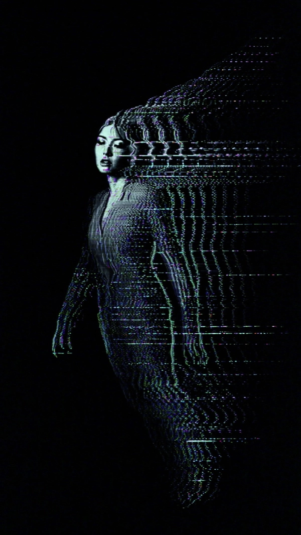 A solitary woman floats in an infinite black void, her silhouette sliced by harsh horizontal static scan lines that ripple across her form like waves of digital interference. Multiple faint duplicates of her figure trail behind at subtle time offsets, each fractured by pixelated glitches and warped distortions, creating a cascading ripple of corrupted identities. Her partially obscured face reveals eyes filled with quiet contemplation and lips slightly parted, hinting at both vulnerability and ephemeral presence. The composition is tightly cropped around her upper body, emphasizing fragmented contours and the eerie layering of layered glitches. A monochrome palette dominated by deep blacks and grays contrasts against neon cyan and magenta highlights tracing the glitch edges, while CRT-like grainy textures and moiré patterns overlay the scene, evoking the tactile sensations of analog static. The atmosphere is suffused with existential melancholy, capturing themes of disintegrating identity and digital alienation within a cyber-surrealist framework reminiscent of malfunctioning vintage displays and corrupted data streams.