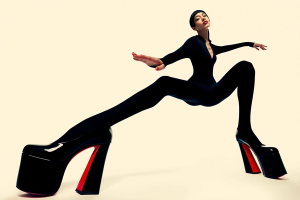 A surreal high-fashion editorial photograph featuring a woman dramatically elongated through an extreme low-angle perspective that exaggerates her towering black platform heels with vivid red soles and stretched legs, creating a hyper-stylized, almost doll-like visual impact. She wears a sleek, original black bodysuit that contours her body, and her pose is bold and dynamic — one arm gracefully extended outward, head tilted back subtly, revealing a detailed, naturally expressive face with subtle confidence and finely articulated features. The background is a smooth, solid cream color, minimalistic to sharply emphasize her sculptural, powerful silhouette. Professional fashion lighting casts soft studio shadows and highlights reflective textures on the footwear, bodysuit fabric, and photorealistic skin, enhancing texture realism and contributing to the avant-garde, surreal fashion aesthetic.