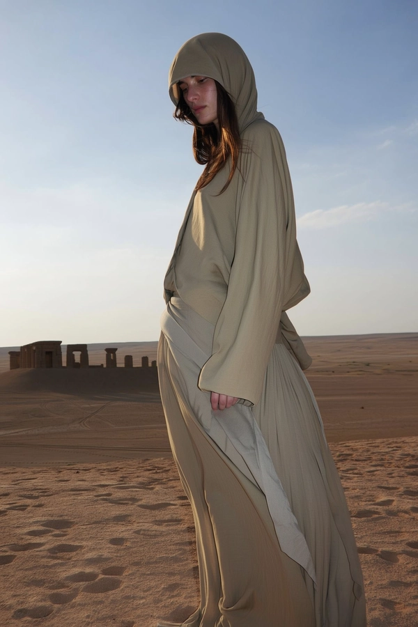 A candid, casually captured iPhone-style image of a Finnish woman wearing a muted sand-toned hooded cape and loose, flowing desert-inspired garments with subtle layered fabrics, standing in a serene, contemplative pose. Her face is partially concealed by the hood, adding a mysterious calmness. She stands against an expansive desert landscape under a pale blue sky with ancient stone ruins softly visible in the distance. The natural sunlight casts soft, low-contrast illumination with gentle shadows, complemented by subtle iPhone flash highlights that reveal the tactile textures of the layered fabric and subtle skin nuances. The minimalist, slightly asymmetrical composition emphasizes her elongated silhouette and the serene atmosphere, evoking authentic, spontaneous iPhone photography qualities.