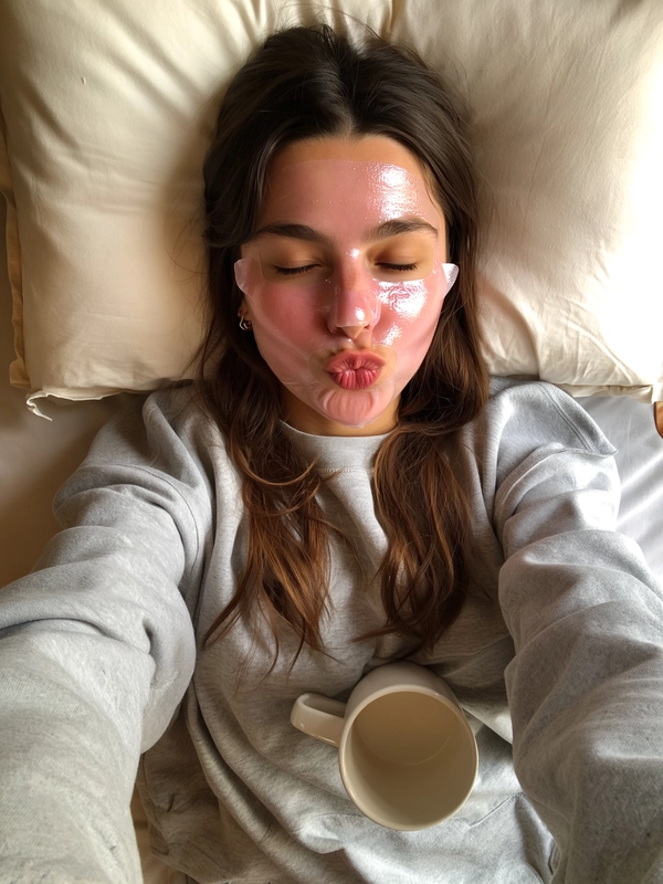 A young woman lies comfortably on a large cream-colored pillow, her face adorned with a glossy pink hydrogel sheet mask that glistens softly under diffused natural indoor light. Her eyes gently closed, lips slightly puckered in a playful, relaxed expression, and her long brown hair loosely spread around her. She wears a cozy light-gray oversized sweatshirt, holding a white ceramic mug near her chest, evoking a calm self-care moment. The setting is minimal and soothing, with slightly rumpled bedding providing intimate, lived-in textures. The shot is captured from a natural overhead selfie perspective, framing her face and upper body with warm, soft light highlighting the subtle shine of the mask and smooth fabric. Faint iPhone grain and muted color balances add to the authentic, casual feel—skincare selfie, shot on iPhone