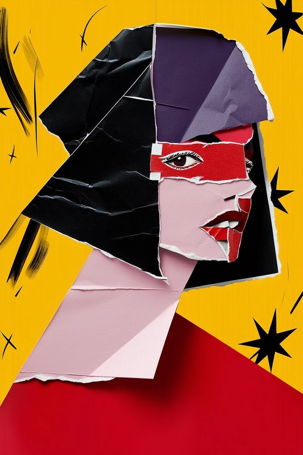 The woman's face and upper body are assembled from jagged, torn paper fragments—her features mismatched, duplicated, and floating with intentional misalignment. One eye is triple-layered, the other obscured beneath a folded, rough-edged paper strip. Her lips overlap two separate expressions, both slightly distorted. The skin tones clash from pale pink to muted red sheets, curling at their edges with visible creases and tape marks. Her hair is fashioned from layered torn shreds of glossy black and deep purple paper, doubling back on itself inconsistently. Her neck and shoulders fold angularly, built from jagged paper segments with raw, rough textures. 

She wears a flat, graphic red garment formed from sharp, geometric paper cutouts. The background is a vivid yellow plane strewn with abstract black brush strokes and scattered paper stars. Harsh, directional lighting cuts across the paper surfaces in flat, exaggerated shadows, highlighting every seam and warped edge. The composition is tightly cropped and off-center, all surfaces intentionally broken and layered to evoke a raw, unsettling, collage-driven portrait.