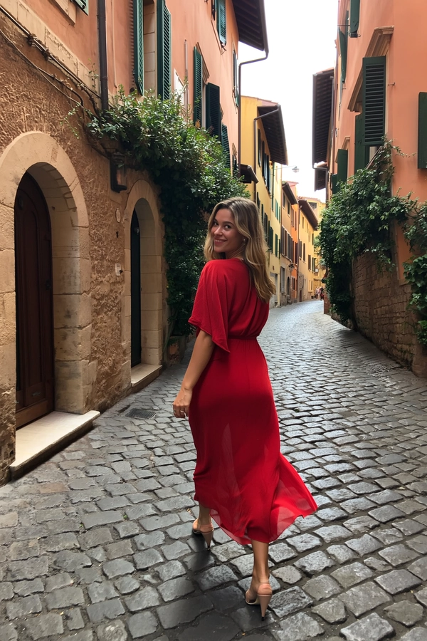 A candid photo of a young German woman walking down a charming, cobblestone street in Florence, Italy. She wears a flowing red midi dress paired with elegant nude heels, her blonde hair falling naturally over her shoulders in loose waves. The narrow street features textured warm terracotta stone buildings with green wooden shutters and climbing ivy, soft sunlight filtering through the open sky above. Her relaxed, thoughtful expression is captured spontaneously as she glances sideways, the authentic stone textures, weathered walls, and uneven cobblestones clearly visible. The composition is slightly tilted and casual, reflecting the genuine intimacy and natural lighting characteristic of an iPhone snapshot in a historic Florentine setting.