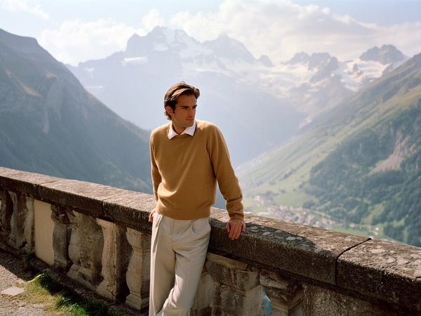 On a crisp morning bathed in soft, diffused daylight, a contemplative man reclines against the weathered stone balustrade of a heritage mountain chalet overlooking the serene Alps. Clad in a finely woven camel cashmere sweater layered over a crisp white linen shirt, his ash-brown hair is neatly combed back, revealing a quiet confidence and reflective poise. The muted palette of earthy browns and creamy greys mirrors the rugged granite beneath him and the misty snow-capped peaks beyond, all softened by the warm tonalities characteristic of vintage Fuji pastel film. Subtle 35 mm grain lends tactile depth to the sumptuous wool texture and rough-hewn marble surfaces, while the classic 50 mm framing captures this harmonious union of man and landscape with restrained elegance. The scene evokes the timeless leisure and understated refinement reminiscent of Slim Aarons’ alpine retreats. —late-70s / early-80s cinematic photograph, authentic film grain.