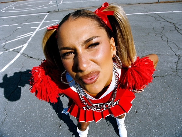 A wide shot of a woman with light brown skin, detailed natural skin texture apparent across her nose, cheeks, and forehead, with her hair styled in two high ponytails secured with bright ribbons, captured in a middle close-up from a top-down wide-angle perspective. She wears a vibrant red and white cheerleader uniform, featuring a fitted cropped top and pleated skirt, accessorized with large hoop earrings and a chunky silver chain. Her face is positioned close to the lens and slightly off-center, with a confident smirk and bright eyes looking just above the lens, her lips glossed and eyebrows sharply defined. The wide-angle lens exaggerates the volume and curves of her uniform, pushing her accessories and raised pom-poms forward to appear oversized and dominant.

She stands against a cracked asphalt basketball court with faded white lines and a chain-link fence blurred in the background. Direct sunlight casts crisp natural shadows beneath her chin and folds of her uniform while reflections glint off her metallic chain and hoop earrings. Lens distortion subtly curves the environmental details inward, drawing focus to her figure and expressive pose. A slight grain effect overlays the image, emphasizing the tactile fabric sheen, unfiltered skin texture, and gritty urban surroundings with editorial clarity. early-2000s Y2K snapshot