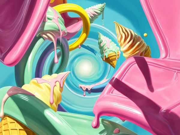 A surreal tableau unfolds in a riot of candy-colored hues—saturated bubblegum pinks, minty greens, and pale lemon yellows—where glossy vinyl chairs hover weightlessly amidst gleaming plastic rings. Melting ice cream cones drip with pastel swirls of soft cream and candy floss tones, their viscous textures catching sharp, hard-edged shadows cast by an unseen light source. These elements spiral endlessly within a luminous sky-blue vortex, whose smooth gradients and subtle translucency create a hypnotic, swirling depth. The composition layers tactile acrylic brushstrokes with polished plastic surfaces, merging analog painterly grit with gleaming synthetic sheen. Stark contrasts between saturated color pops and shadowed recesses weave tension between playful whimsy and surreal unease. The scene pulses with a dreamlike energy—a frozen dance of buoyant forms colliding in a fluid spiral of uncanny light and shadow, evoking a floated memory of sweetness and strange suspension. —digital fluid surrealism