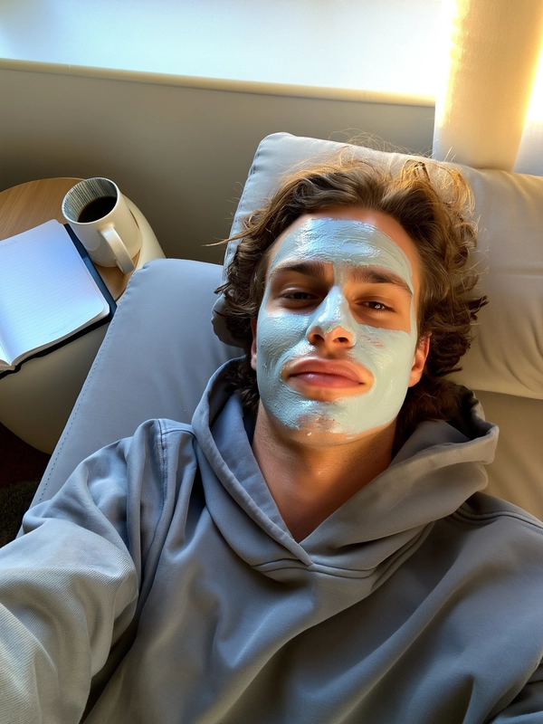 A young man lies back comfortably on a soft lounger, a slick gel face mask evenly applied across his face. His hair is casually tousled, and he wears a simple, cozy hoodie. Nearby, a ceramic mug with coffee rests on a small side table alongside an open notebook. Gentle afternoon light filters in from a nearby window, casting a warm glow that softly highlights the dewy texture of the gel mask and the fabric folds of his casual attire. The selfie is taken from a natural front-facing perspective, capturing his relaxed shoulders and face with subtle iPhone grain, evoking a genuine moment of unwinding and self-care—skincare selfie, shot on iPhone