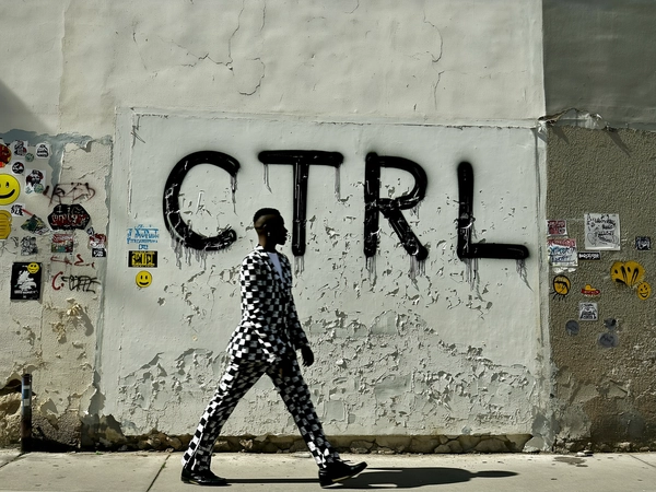 A candid street photograph featuring a tall figure walking briskly past a weathered urban wall. The person wears a sharp monochrome checkerboard suit, the pattern's precise symmetry echoing the rigid, bold sans-serif graffiti text spray-painted prominently on the torn, peeling wall reading in large distinct lines:

"CTRL"

The wall’s surface is heavily textured with torn paint and aged concrete imperfections. The graffiti paint shows slight drips adding raw authenticity. Surrounding the main text, smaller faded tags and layered stickers including classic smiley faces and cartoonish figures pepper the surface. Natural daylight casts soft, realistic shadows enhancing the suit’s pattern and the wall’s gritty texture. The framing is slightly off-centered and casually tilted, shot from an eye-level perspective that mimics spontaneous iPhone street photography with a documentary quality and subtle analog film influence.