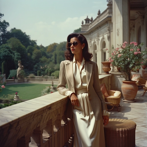 In the soft embrace of an overcast afternoon, a poised woman reclines gently against the smooth marble balustrade of a sprawling estate's sun-dappled terrace. She wears an elegantly draped Hermès silk scarf that glimmers faintly beneath diffused light, paired with a cream-colored silk blouse and a finely woven wool blazer that captures the muted earthiness of the season. Her dark hair, styled with subtle waves reminiscent of classic film heroines, frames a contemplative gaze obscured slightly by oversized vintage designer sunglasses. Surrounding her, meticulously arranged wicker furniture and aged terracotta pots imbue the space with tactile warmth, while shadows play delicately across the textured fabrics and polished stone. Captured through a 50 mm lens with the timeless hue of Kodachrome film, the scene hums with quiet luxury and analog perfection, its subtle grain and soft focus drawing the viewer into a moment of serene elegance. —late-70s / early-80s cinematic photograph, authentic film grain.