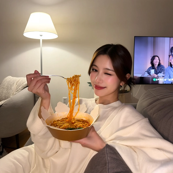 Bathed in the gentle glow of a late-afternoon living room lamp, a young woman reclines gracefully on a plush sofa. Her hair, swept softly behind one ear, pairs effortlessly with her natural makeup that enhances her skin’s subtle radiance and delicate features. She wears a loose, cream-colored sweater that drapes elegantly over her frame, the texture invitingly soft beneath the soft, diffused light.

In one hand, she holds a simple takeout container brimming with steaming pad thai, the glossy sauce clinging artfully to translucent noodles. With careful poise, she guides a forkful to her lips, a faint sheen of gloss catching the light on her mouth. Her eyes sparkle faintly with amusement, half-lidded as she mid-chew giggles quietly, her serene expression perfectly balanced between composure and the gentle joy of the moment.

The background hints at the cozy ambiance of a movie night — a muted television screen casts a subtle, shifting glow while cushions and a soft throw blanket create a comforting nest around her. The carefully framed iPhone shot is taken from a relaxed arm’s-length angle, capturing the intricate textures of fabric weave and the steamy ribbons of noodles against the warm palette of the room.

This intimate scene, both casual and carefully curated, holds the quiet beauty of a calm evening punctuated by simple pleasures, perfectly resembling a candid iPhone photo.