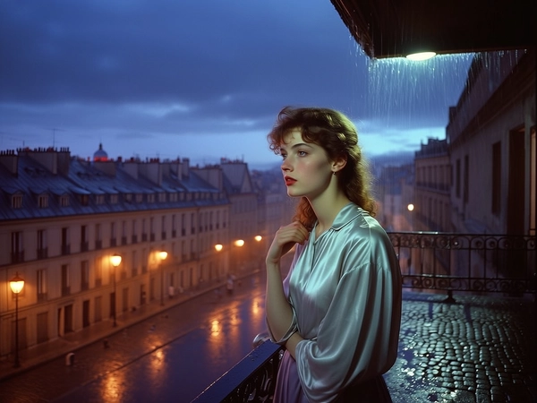Bathed in the ethereal glow of twilight, a young woman stands quietly on a rain-slicked city terrace, her delicate profile melting into the muted haze of fading light. Soft strands of her chestnut hair cling tenderly to her porcelain skin, dampened by the lingering mist that cascades from the aged wrought-iron railing beside her. She wears a flowing silk blouse whose subtle folds shimmer with pearlescent iridescence, catching the residual amber streetlamps below. The cool, wet cobblestones reflect fractured glimmers, while the velvety twilight sky deepens into indigo hues, coloring the scene’s gentle melancholy. Captured in a moment of stillness, her eyes gaze distantly toward the blurred outlines of ancient rooftops, evoking a reverie caught between solidity and dreamlike suspension. The composition draws close at eye level, inviting an intimate connection as delicate rain sprinkles softly, tracing tactile droplets on lush textures—a transient dance between urban grit and refined solitude. The cinematic tone lingers in a subtle vintage grain, lending soft nostalgia to this fleeting, painterly pause.
