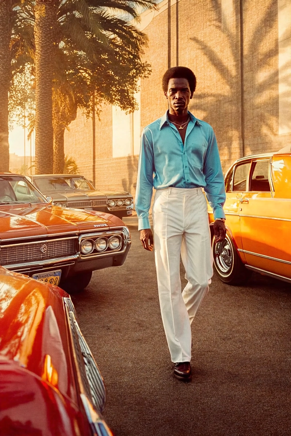A striking portrait of a Black man with sharply angular facial features and a meticulously groomed close-cut afro, captured mid-stride on a sun-dappled, palm-lined boulevard that whispers 1970s Californian cool. His sky-blue, wide-collared shirt, crisply tucked into bright white flared trousers, catches the warm amber glow of golden hour sunlight, the fabric’s subtle sheen revealing fine cotton textures amid the nostalgic haze. His intense, focused gaze is measured and timeless, framed by the interplay of soft shadows and radiant highlights that sculpt his strong cheekbones and the slight sheen on his skin, all rendered with authentic 35 mm grain and gentle gate weave, evoking vintage film stock like Kodachrome 25.

Behind him, a row of vintage automobiles — their chrome bumpers gleaming slightly off-axis — lines the sun-soaked sidewalk, establishing a quintessential street scene rendered in warm oranges and muted teals, drawing on era-accurate color palettes. The palm fronds sway with a subtle breeze, their crisp, linear edges punctuated by occasional dappled light patterns. Captured at eye level through a classic 50 mm lens, the composition balances subject and environment with naturalistic depth and slight bokeh, framing his purposeful walk as both effortless and magnetic.

The photographic feel conjures the late-70s cinematic realism of photographer Gordon Parks, blending tactile clothing textures, rich tonal gradations, and deeply nostalgic surroundings. The photograph’s grain gently permeates the image, making the textures of cotton fabric and sunlit skin tangible—pores and fabric weave discernible in soft, organic detail. The palette is warm with a vintage luminescence; shadows seep into gentle teal undertones while highlights bloom with a subtle amber cast.

This portrait is both a style statement and a timeless moment caught at a crossroads where sun, street, and soulful presence converge: evocative, deliberate, vibrantly historic—the quintessence of late-70s / early-80s cinematic photograph, authentic film grain.
