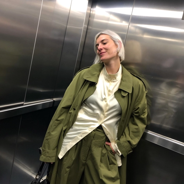 A candid iPhone-style photograph of a woman with short platinum hair and naturally defined bone structure standing inside a steel elevator lined with reflective panels. She wears a moss-green trench coat layered over a high-collared cream shirt and wide palazzo pants, the fabrics showing authentic texture and folds. Soft ambient elevator lighting casts gentle highlights and subtle reflections, illuminating her natural skin details and relaxed, minimally aware expression. The framing is casually tilted off-center, capturing the spontaneous intimacy of a moment typical of iPhone photography with authentic shadows and reflections enhancing the realism.