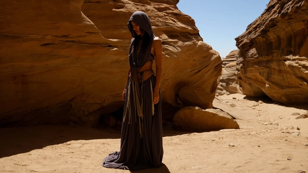 A candid, casually captured iPhone-style image of a woman wearing a flowing, muted dark hooded gown with subtle layered nomadic fabrics covering most of her body. She stands still in a serene and contemplative pose within a sunlit canyon, her face partially concealed beneath the hood, adding to her mysterious presence. The warm natural sunlight casts soft, low-contrast illumination and gentle shadows that dance across the rugged rock walls surrounding her. The minimalist, slightly asymmetrical composition highlights the elegant silhouette of her draped figure against the textured stone and sand environment. The tactile realism is emphasized through the detailed textures of the flowing fabric, rough stone canyon walls, and subtle nuances of her skin, capturing the spontaneous and authentic essence of casual iPhone photography.