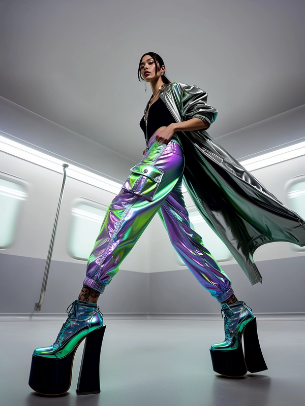 A surreal high-fashion editorial image set inside a minimalist subway station with softly glowing neon rails. The subject, a woman, strides confidently across the platform captured from an extreme low-angle perspective that dramatically elongates her legs and ultra-platform sneakers to surreal proportions, while her arms retain natural proportions. She wears distinctly original iridescent cargo pants shimmering in electric green, purple, and silver hues, paired with sculptural, towering platform sneakers. An oversized metallic windbreaker billows behind her in mid-motion, enhancing her elongated, cybernetic silhouette reminiscent of a futuristic avatar. The background features abstracted, softly blurred train lights and glitch-inspired reflections rendered in a minimalist, muted palette to emphasize her sculptural form. Professional fashion lighting creates dynamic highlights and subtle shadows, enhancing photorealistic skin textures, fabric sheens, and reflective surfaces. This composition uses exaggerated low-angle wide-angle lens distortion to capture hyper-stylized proportions and dynamic movement, blending Y2K streetwear influences with surreal futurism and digital photography aesthetics for a compelling avant-garde editorial style.