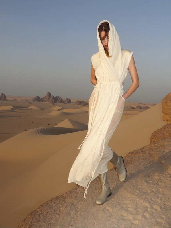 A candid iPhone-style image of a Scandinavian woman dressed in a minimalist, off-white flowing wrap with subtle layered nomadic fabric details, paired with tall, muted beige boots. She walks gracefully along a wind-swept desert ridge with expansive sand dunes and rocky formations under soft, natural sunlight. Her pose is elegant yet subtly dramatic, with a long silhouette and a gently leaning posture, her face partially obscured by a hooded wrap, evoking mysterious serenity. The lighting features soft, low-contrast illumination typical of casual iPhone photography, enhanced by a subtle iPhone flash that adds natural highlights and gentle shadows. The composition is minimalist and slightly asymmetrical, capturing tactile details of the flowing fabric, coarse sand textures, and the natural desert environment, conveying a quiet, timeless atmosphere with authentic tactile realism.