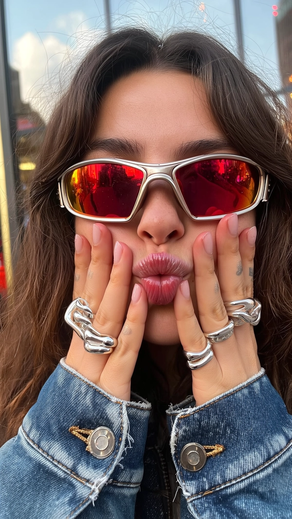 A woman with long chestnut hair slipping from a loose claw-clip presses her fingers adorned in fluid silver rings—bold, molten shapes casting tiny lens flares—into her cheeks. Her red sporty sunglasses reflect the glint of city glass just behind, bright denim jacket grain catching the soft haze of overcast afternoon light. The phone's slight Dutch tilt catches strands from her messy bun as pores, smudges on the lens, and threads from the cuff fuzz around the frame, all blending in an unpolished candid moment. The center-weighted focus gently blurs the edges, framing her playful, off-guard gaze perfectly under that frosted lip gloss. —close-up captured on Iphone, hand-face jewelry focus