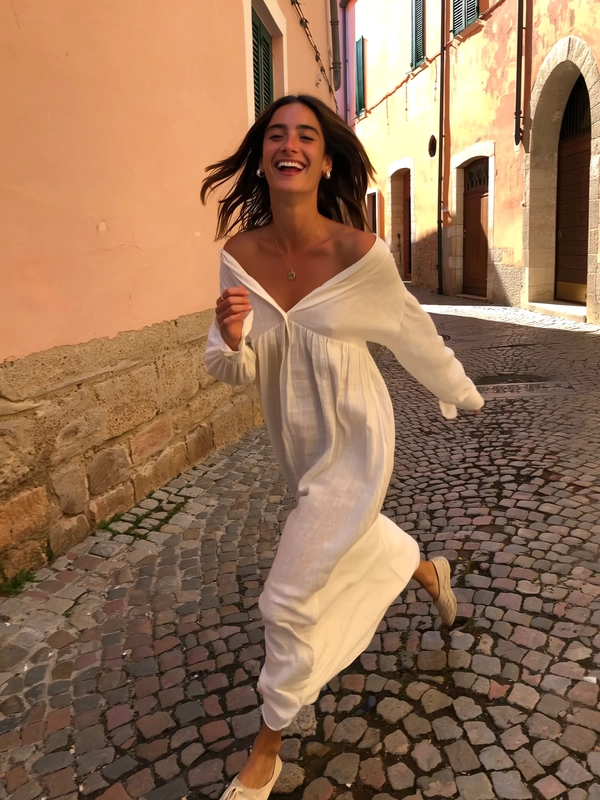 A candid photo of a carefree woman running joyfully across irregular cobblestone streets in Tuscany, Italy. She wears a flowing, off-shoulder linen dress in soft cream tones, her hair loose with natural waves catching the gentle breeze. Her face glows with a genuine laugh, eyes sparkling under the Tuscan sun. The background features faded pastel walls of a rustic Tuscan village, textured with peeling paint and sun-warmed stone. Warm, late morning sunlight bathes the scene, casting soft shadows and enhancing the textured cobblestones and fabric folds. The framing is slightly tilted and spontaneous, capturing the lively motion and authentic intimacy typical of an iPhone snapshot during a carefree summer afternoon in Tuscany.