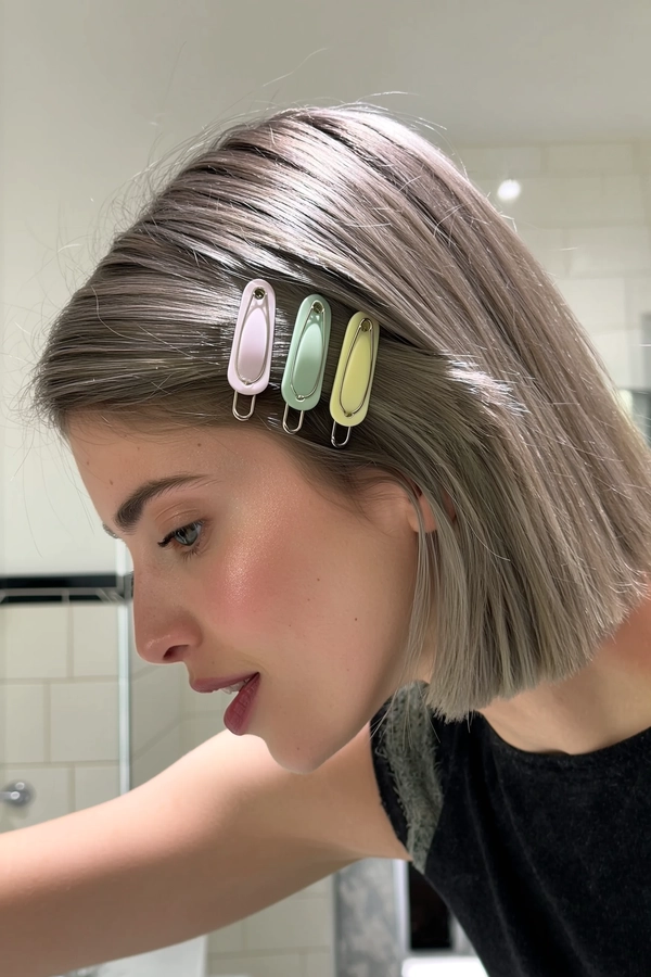 Five pastel snap pins align like delicate armor curving across her ash blonde, chin-length hair, catching the stark, bright bathroom light that crisply reveals her clean skin and the fine texture of fly-away strands. The side profile frames a calm stare, soft dewy makeup luminous under the fluorescent glow, lips relaxed with a slight pout. The clips gleam softly with their chalky shades, each one a sculpted whisper along her skull’s arc. A mirror edge peeks in the frame’s corner, hinting at tiled walls, while the faint fuzz of a cotton collar grazes her neck. The angle tilts with a casual arm stretch, freezing this unguarded moment—authentic iPhone close-up, statement hair-clip focus