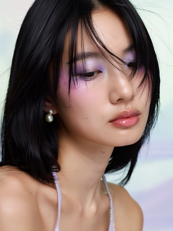 A close-up iPhone-style portrait of a young East Asian woman with straight black hair softly framing her face, some strands gently falling near her cheeks with subtle flyaways visible. Her skin has a natural, dewy, glass-like finish with visible pores and a soft glow reflecting delicate studio lighting. She wears pastel purple and silver gradient eyeshadow blended seamlessly across her lids with a slight shimmer, complemented by natural, lightly mascara-coated lashes. Her lips have a subtle, soft pink glossy finish, appearing moist and tactile without being overpowering. Small delicate pearl earrings peek from beneath her hair. The lighting is soft and diffused, creating an airy, calm atmosphere with natural shadows contouring her face and adding depth around her jawline and neck. The background is softly blurred with pale, neutral pastel tones, contributing to an intimate and spontaneous compositional feel. The photo is tightly framed from just above her head to below her collarbones, taken at a casual angle that is slightly off-center and tilted to suggest a candid capture. Textural details such as skin surface, eyelashes, pearl sheen, and hair strands are clearly visible, enhancing the natural and authentic iPhone photo aesthetic.