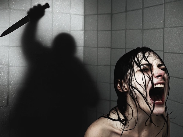 Wet strands of dark hair cling to a young woman's pale, terrified face, her mouth wide open in a silent scream that encapsulates pure horror. Behind her, fragmented by a grainy monochrome haze, looms a shadowy figure cloaked in darkness, arm raised high with a large, glinting knife poised to strike. The tiled shower setting glistens with droplets, cold and sharp, while harsh directional lighting slices through the steam, casting jagged shadows that amplify the atmosphere of dread. Textured with a rich vintage grain, the tight framing ignites intimate dread, juxtaposing soft vulnerability with brutal menace in a masterful study of psychological terror. —moody vintage film grain