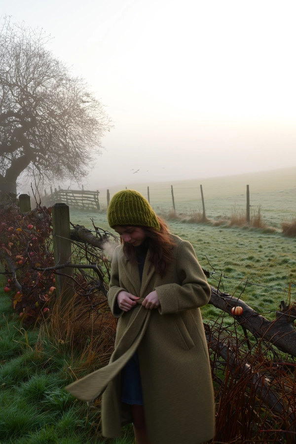 A solitary girl wearing a moss-green knit bonnet and a soft, earth-toned wool coat stands in a mist-wrapped rural backyard, her fingers gently tightening the belt at her waist, breath visible in the chilled air as pale fog clings to gnarled apple tree branches and dew-dark grass. The low morning haze softens the horizon into a near-white wash, desaturating the deep browns and faded greens around her, while loose strands of hair escape her bonnet, damp and wispy against her cheek. A slight downward handheld tilt captures the moment from chest height, revealing blurred movement at the coat's hem and the delicate sheen of moisture on weathered fence posts, everything quiet save for a distant, muffled crow’s call—mistbound reverie, shot on iPhone