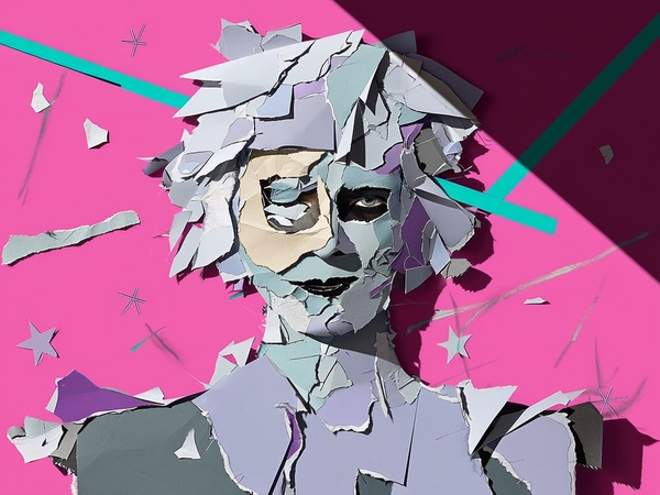 The woman's face and upper body emerge from an assembly of jagged, torn paper fragments—her pale skin rendered through mismatched, overlapping paper pieces in faint bluish-white, cream, and pale gray tones. Her facial features are distorted and multiply layered: one eye enlarged and tilted upward, the other fragmented and partially obscured by an angular cheek patch. Her lips are sliced into two torn halves, one smiling faintly, the other neutral. The edges of each paper segment curl and crease visibly, with rough textures and random tears exposing darker underlays. Her hair is a collage of fragmented flat white and silver-gray paper strips, pasted haphazardly with some pieces folded or overlapping unevenly. Her neck and shoulders are constructed from angular paper shards, lacking anatomical flow and stitched together like a broken puzzle.

She wears an abstract, sharp-cornered garment of muted lavender and icy gray paper shapes that defy natural clothing folds. The background is a vivid flat pink canvas scattered with jagged teal vector lines, sparse cut-out stars, and floating paper scraps. Harsh, graphic light slices diagonally across the collage, casting stark shadows that accentuate every tear, fold, and layered seam. The image is deliberately flat and chaotic, rejecting realism in favor of aggressively stylized, hand-assembled collage portraiture.