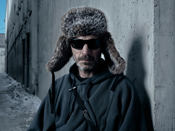 A muted winter palette cloaks a man draped in an oversized hoodie, the heavy wool of a fur trapper hat bristling with tactile fibers that glimmer faintly under diffuse daylight. Black sunglasses fracture the brittle, icy tension nestled in his narrow stare, sharp as frost etched across a cracked screen. His posture leans against a raw concrete alley wall, the coarse pockmarked surface and shadowed crevices amplifying a sense of hardened solitude.

The frame compresses his gaze with surgical tightness, the camera's focus like a whispered secret across the leather grain of the hoodie strings and frost-kissed skin pores. Beyond the digital window, the cold air spills wide and desolate—gritty urban textures receding into muted shadows, vast in their chilled isolation like an echo chamber of silence.

Thin rim light sculpts the layered fabrics with a crystalline sheen, casting subtle cold-blue highlights against an otherwise softened grey scale. A subtle vignette edges the composition, lowering to the concrete ground where dim diffused light pools, emphasizing the frost-like textures and the palpable stillness.

Shot on a digital medium-format with a 135mm lens at moderate aperture, the framing deliberately crops to enhance compression and intimacy, an editorial balance of stark minimalism and textural granularity. The image is graded with a cool, desaturated palette, evoking a chill-dipped analogue print whose tactile coldness seeps into every weave and pore—high-fashion editorial, hyper-real texture fidelity