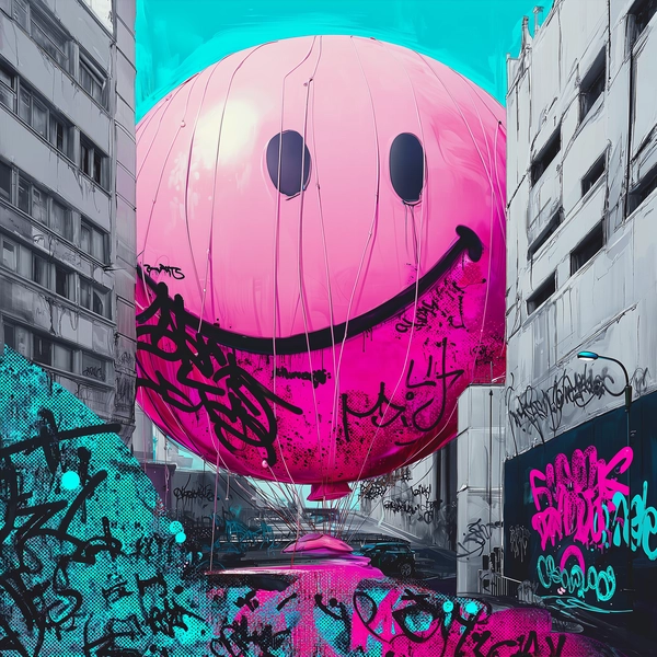 A square-format urban tableau captures a massive, glossy pink smiley balloon trapped between towering, jagged-edged buildings rendered in smooth, buttery digital oil strokes. The balloon’s surface gleams with luscious gradients of bubblegum and pastel rose, its exaggerated smile radiating mischievous joy amid stark architectural rigidity. Graffiti-style calligraphic tags, scrawled in bold black and electric teal, cascade over building facades and balloon contours with raw, expressive energy, their dynamic curves clashing with the balloon’s round serenity. Overlaying this scene, crisp halftone comic dots in vibrant magentas and deep cyans pulse rhythmically, adding a tactile pop-art texture that fractures and enriches the glossy surfaces beneath. The composition vibrates with tension—between polished digital illusion and anarchic street expression, between soft, swelling forms and sharp urban geometry, evoking a surreal urban carnival suspended in quiet chaos. Digital oil painting fused with graffiti calligraphy and pop-art halftone textures—digital fluid surrealism.